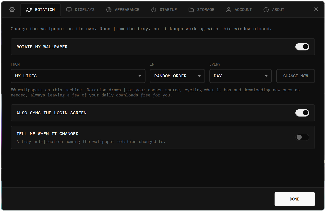 The Rotation tab of the app settings: a source, an order and an interval, with switches for the login screen and for a notification on each change, in the app’s dark theme