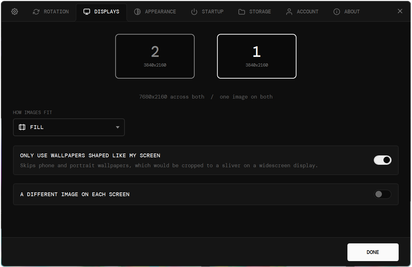 The Displays tab of the app settings, showing two 3840x2160 screens side by side and the options for how images fit them, in the app’s dark theme