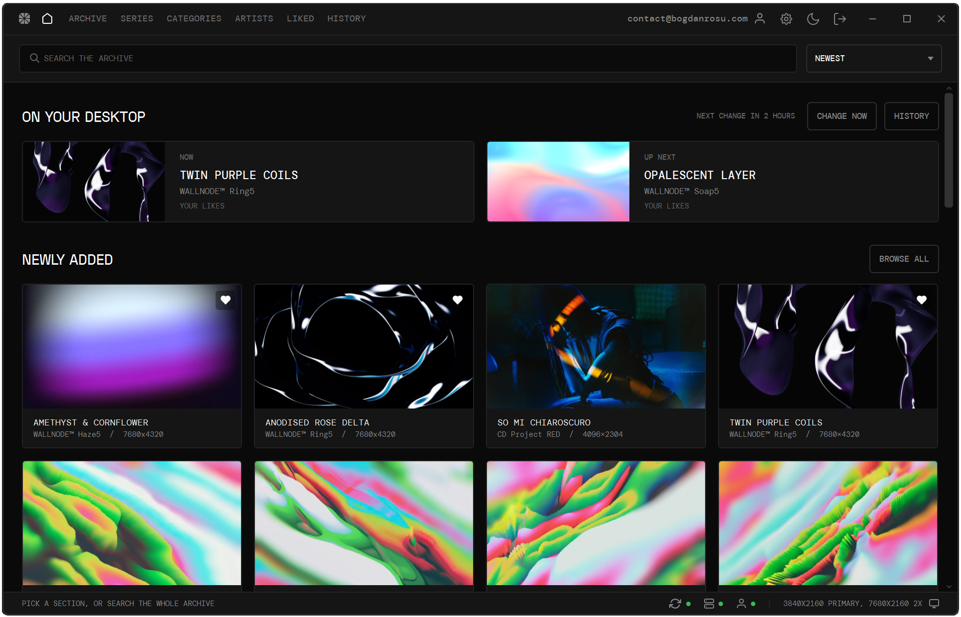 The Wallnode app home screen: the wallpaper on the desktop now, the one queued up next, and a grid of newly added wallpapers below them, in the app’s dark theme
