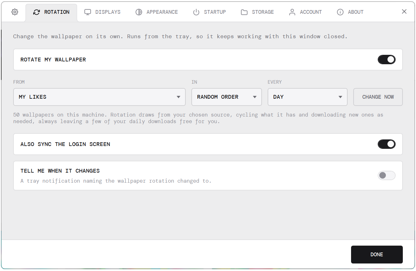 The Rotation tab of the app settings: a source, an order and an interval, with switches for the login screen and for a notification on each change, in the app’s light theme