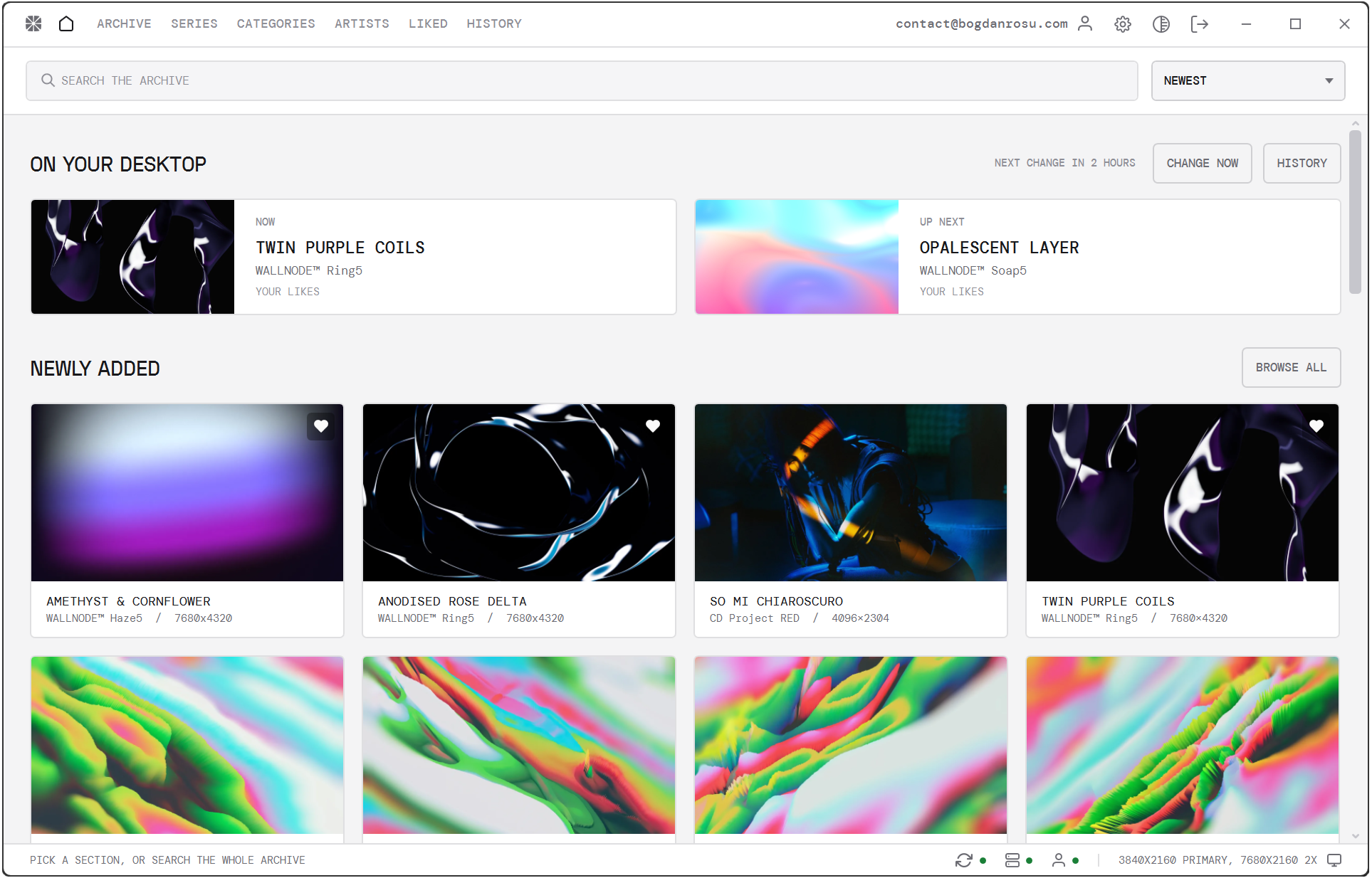 The Wallnode app home screen: the wallpaper on the desktop now, the one queued up next, and a grid of newly added wallpapers below them, in the app’s light theme