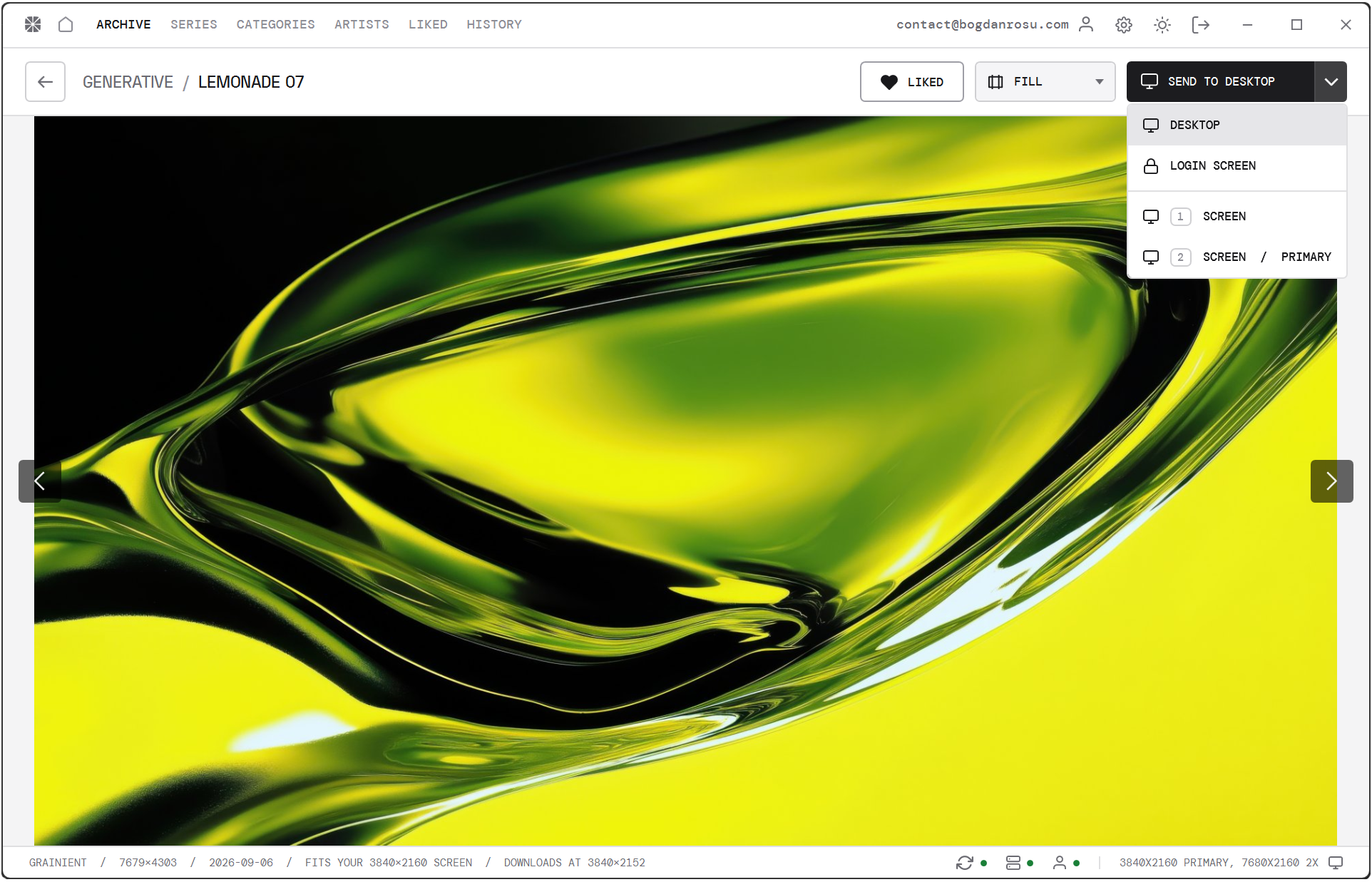 A wallpaper open full-bleed in the Wallnode app, with the SEND TO DESKTOP menu open over it listing desktop, login screen and each connected screen, in the app’s light theme